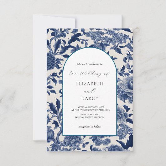 Porselein Elegantie: Blauwe Bloemen bruiloft uitno Kaart (Voorkant)