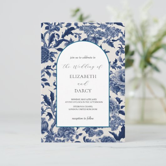 Porselein Elegantie: Blauwe Bloemen bruiloft uitno Kaart (Staand voorkant)