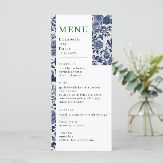 Porselein Elegantie Bloementuin Trouwen Menu (Staand voorkant)