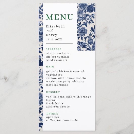 Porselein Elegantie Bloementuin Trouwen Menu (Voorkant)