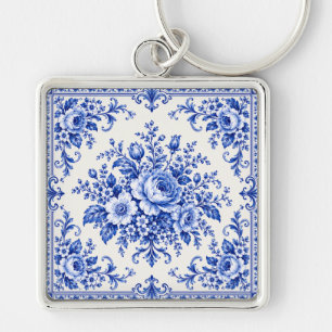 Porselein Vintage Elegantie Blauwe Bloemen Sleutelhanger