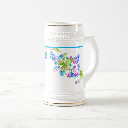 Porseleinen bessen op een stein bierpul (Voorkant rechts)