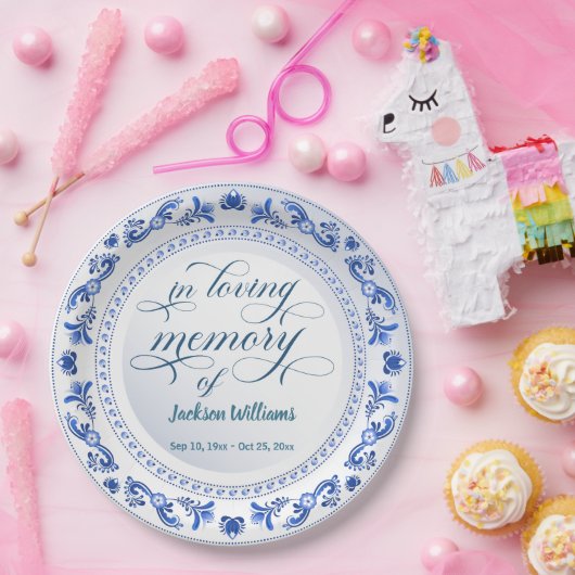 Porseleinen blauwe bloemen begrafenis papieren bordje (Feest)