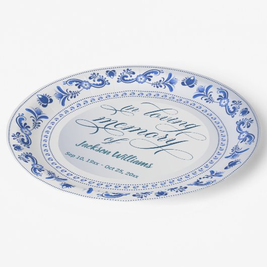 Porseleinen blauwe bloemen begrafenis papieren bordje (Gekanteld)