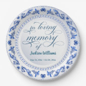 Porseleinen blauwe bloemen begrafenis papieren bordje (Voorkant)