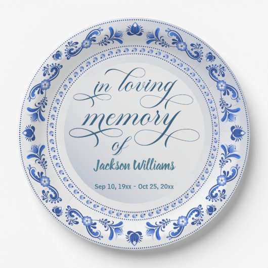 Porseleinen blauwe bloemen begrafenis papieren bordje (Voorkant)