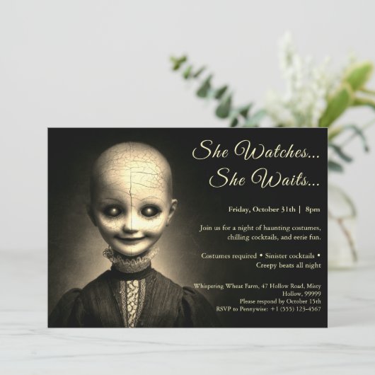 Porseleinen Doll Halloween Kostuum Party Uitnodigi Kaart (Staand voorkant)