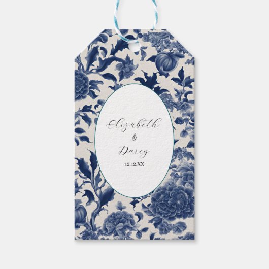 Porseleinen Elegantie: Blauwe Bloemen Huwelijk Cadeaulabel (Voorkant)