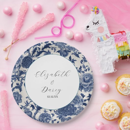 Porseleinen Elegantie: Blauwe Bloemen Huwelijk Papieren Bordje (Feest)