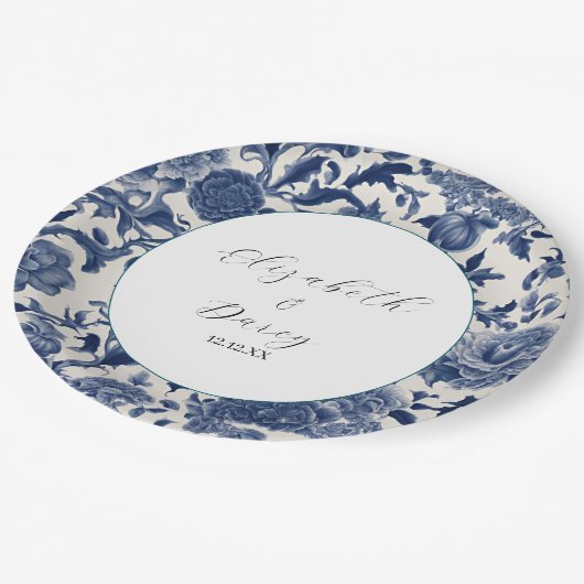 Porseleinen Elegantie: Blauwe Bloemen Huwelijk Papieren Bordje (Gekanteld)