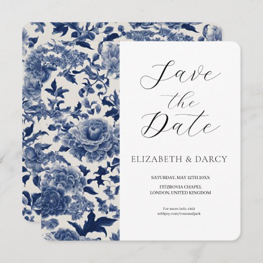Porseleinen Elegantie: Blauwe Bloemen Huwelijk Save The Date (Voorkant / Achterkant)