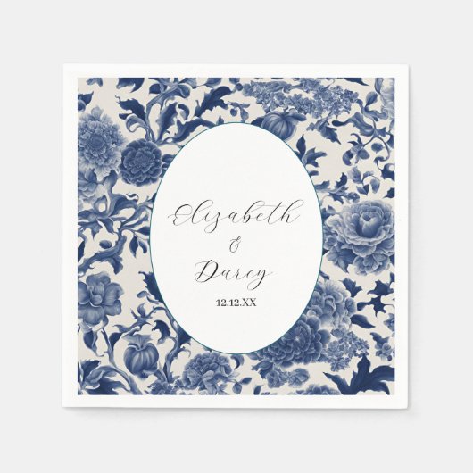 Porseleinen Elegantie: Blauwe Bloemen Huwelijk Servet (Voorkant)