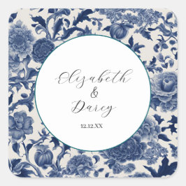 Porseleinen Elegantie: Blauwe Bloemen Huwelijk Vierkante Sticker