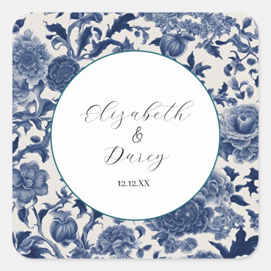 Porseleinen Elegantie: Blauwe Bloemen Huwelijk Vierkante Sticker (Voorkant)