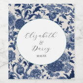Porseleinen Elegantie: Blauwe Bloemen Huwelijk Wijn Etiket (Enkel label)