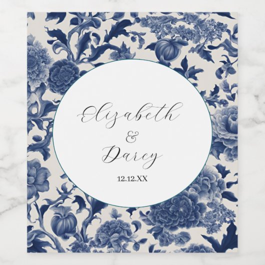 Porseleinen Elegantie: Blauwe Bloemen Huwelijk Wijn Etiket (Enkel label)