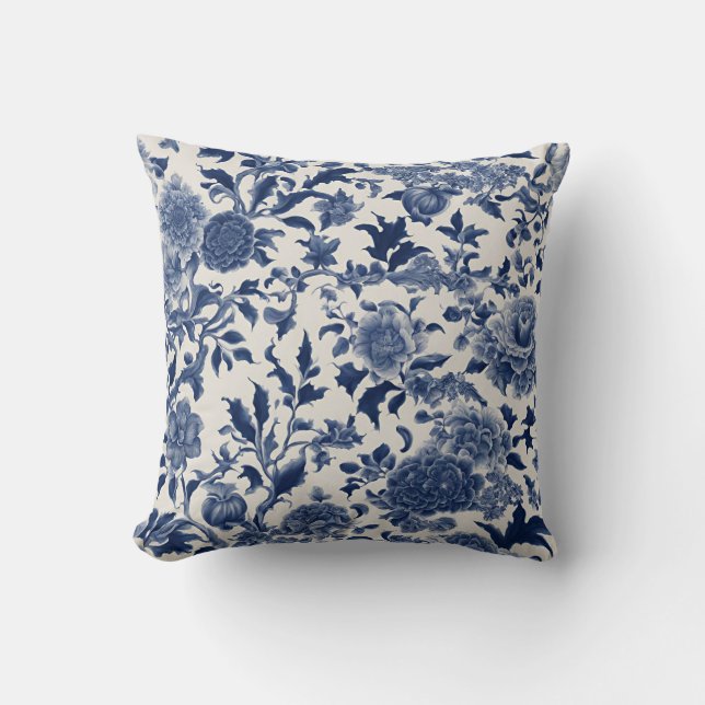  Porseleinen Elegantie: Blauwe Bloemen Kussen (Voorkant)