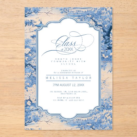 Porseleinen-geïnspireerde Chinoiserie Afstuderen I Acryl Uitnodigingen (Voorkant)