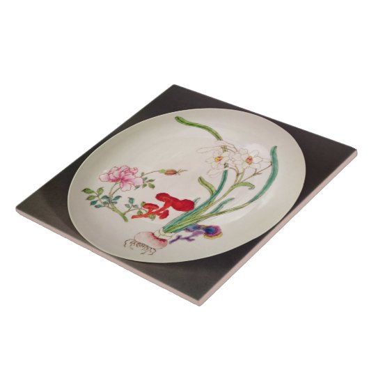 Porseleinen gerecht, famille roos decoratie, Yung  Tegeltje (Zijkant)