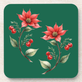 Porta Copos Natal verde e Flores Vermelhas Bier Onderzetter