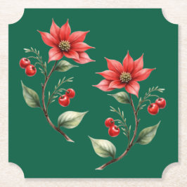 Porta Copos Papel Natal verde e Flores Vermelhas Kartonnen Onderzetters