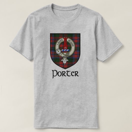 Porter Surname Scottish Clan Badge en Tartan T-shirt (Design voorkant)