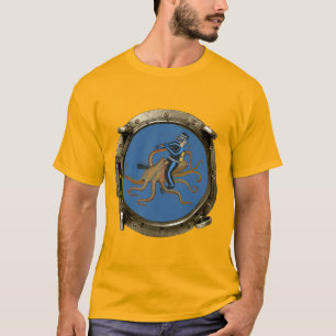 Porthole Uitzicht van een SCUBA-duiker die een oct T-shirt