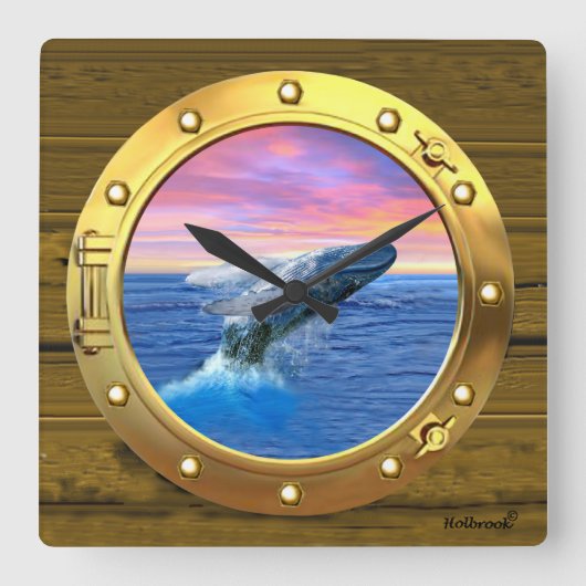 Porthole View of a Breaching Whale Vierkante Klok (Voorkant)