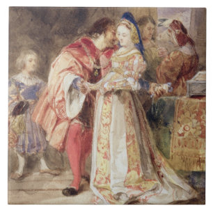 Portia en Bassanio, c.1826 (m/c, bruine inkt, carr Tegeltje