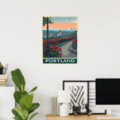 Portland City of Rozen - Roos Garden & Skyline Poster (Thuiskantoor)