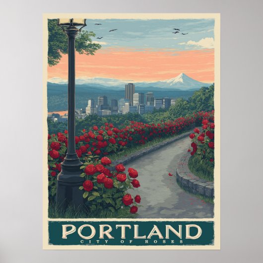 Portland City of Rozen - Roos Garden & Skyline Poster (Voorkant)
