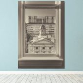 Portland Cityscape door een raam sepia Canvas Afdruk (Insitu (Houten vloer))