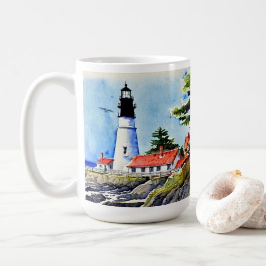 Portland Head Light Maine Waterverf Koffiemok (Met donut)
