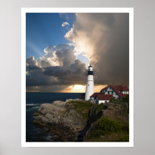 Portland Head Light, zon door wolken Poster