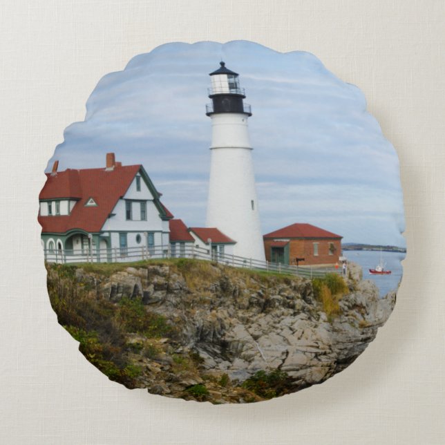 Portland Headlight-vuurtoren op rotsachtige kust Rond Kussen (Voorkant)