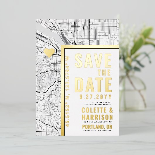 Portland Love Locator | Bruiloft Bewaar de datum Folie Uitnodiging (Staand Voorkant)