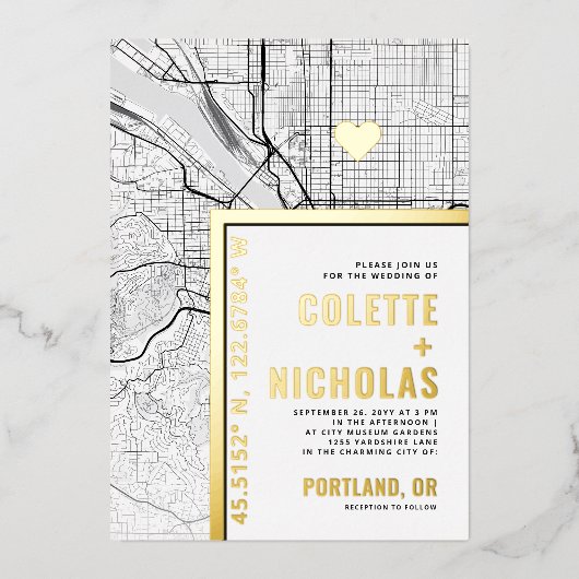 Portland Love Locator | Stad thema bruiloft Folie Uitnodiging (Voorkant)