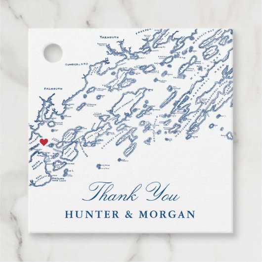 Portland Maine Casco Bay Kaart Marineblauw Bruilof Bedankjes Labels (Voorkant)