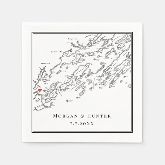 Portland Maine Casco Bay Kaart Zwart Elegant Huwel Servet (Voorkant)