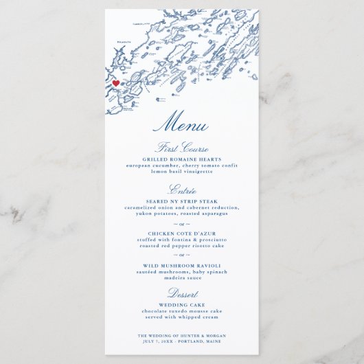 Portland Maine Casco Bay Map Elegant Navy Script Menu (Voorkant)