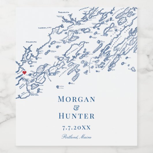 Portland Maine Casco Bay Map Elegant Navy Wedding Wijn Etiket (Enkel label)