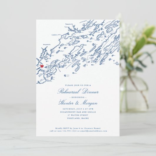 Portland Maine Casco Bay Map Navy Rehearsal Dinner Kaart (Staand voorkant)