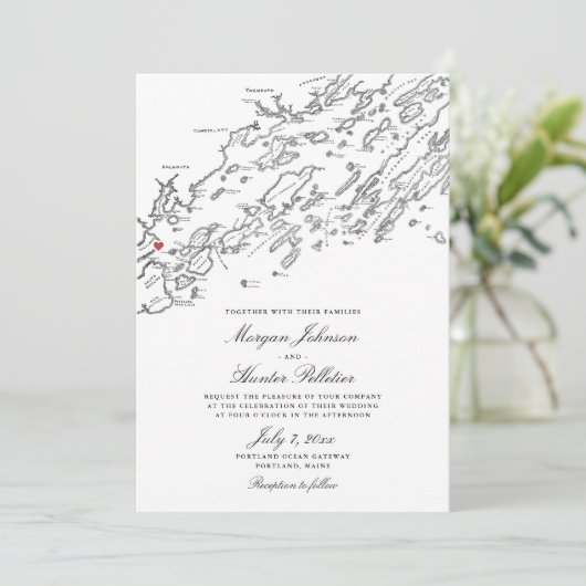 Portland Maine Elegant Zwart-wit Kaart Bruiloft (Staand voorkant)