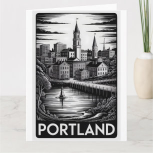 Portland Maine Silhouette Zwart Wit Houtsnede Kaart