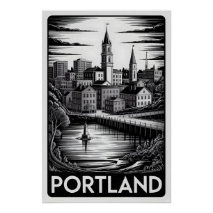 Portland Maine Silhouette Zwart Wit Houtsnede Perfect Poster