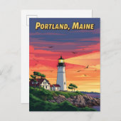 Portland Maine vuurtoren bij zonsondergang Briefkaart (Voorkant / Achterkant)