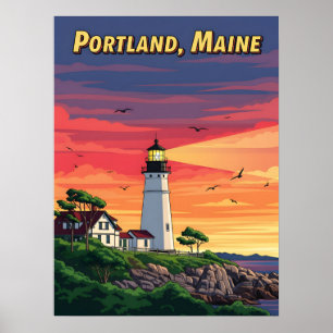 Portland Maine vuurtoren bij zonsondergang Poster