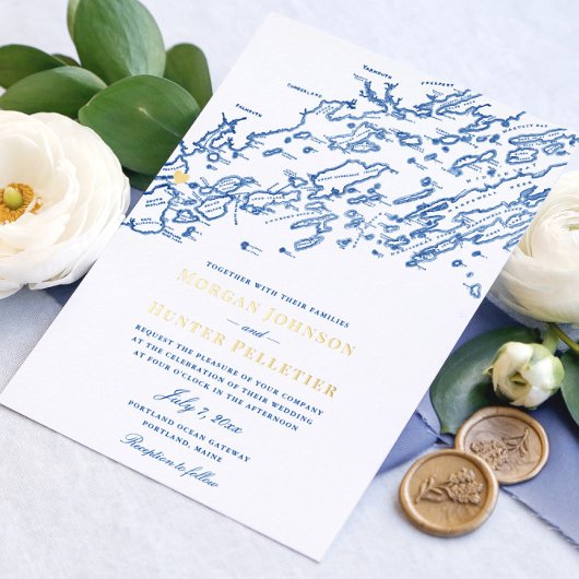 Portland Maine Wedding Elegant Navy and Gold Folie Uitnodiging