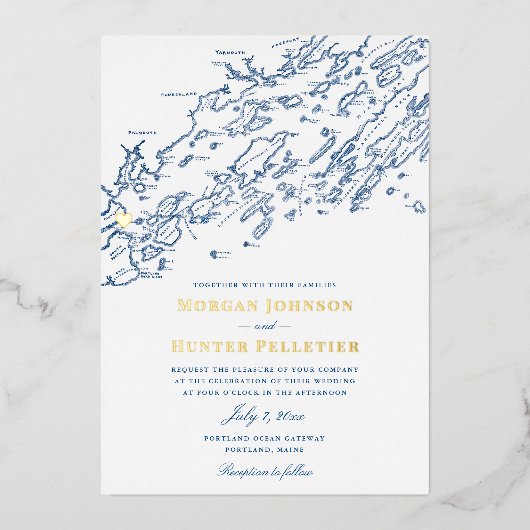 Portland Maine Wedding Elegant Navy and Gold Folie Uitnodiging (Voorkant)