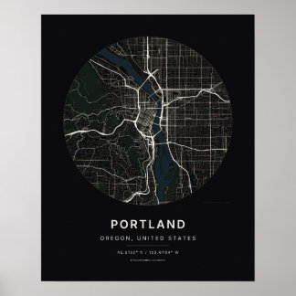 Portland OR Zwarte Stad Kaart Kunstprint Poster
